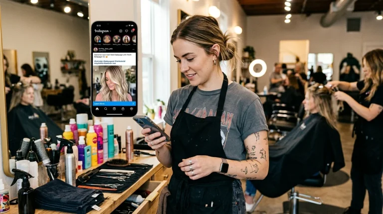 Kolik stojí Instagram reklama pro kadeřnictví? (Skutečné ceny) 6 Kadeřnice v salonu si na mobilním telefonu prohlíží Instagram reklamu