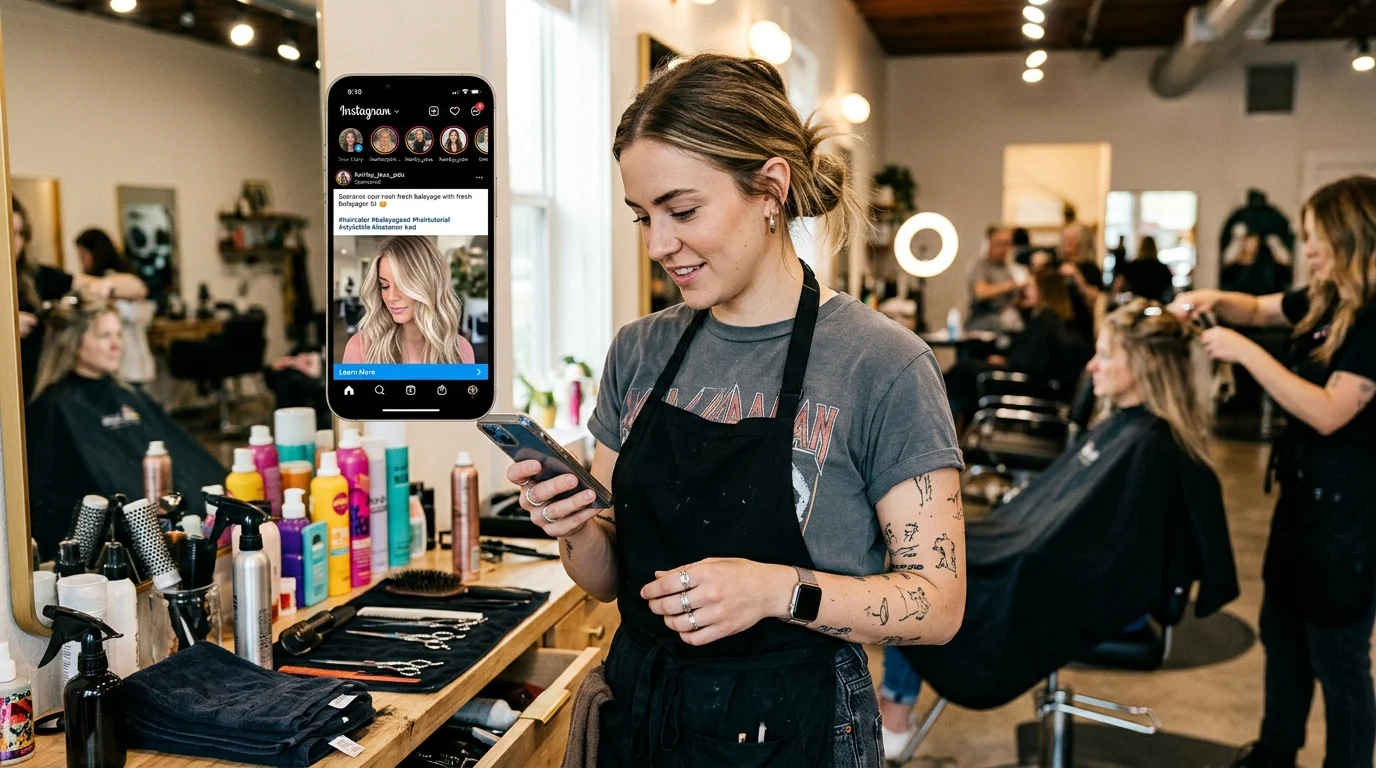 Kadeřnice v salonu si na mobilním telefonu prohlíží Instagram reklamu