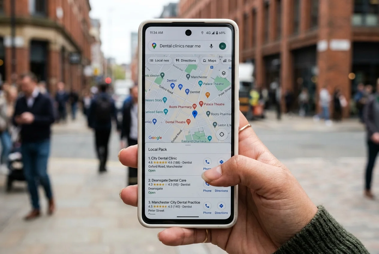 SEO optimalizace pro zubaře: Zastavte ztrátu pacientů a ovládněte lokální vyhledávání 3 Ukázka lokálního mapového balíčku Google Business Profile pro zubní kliniku
