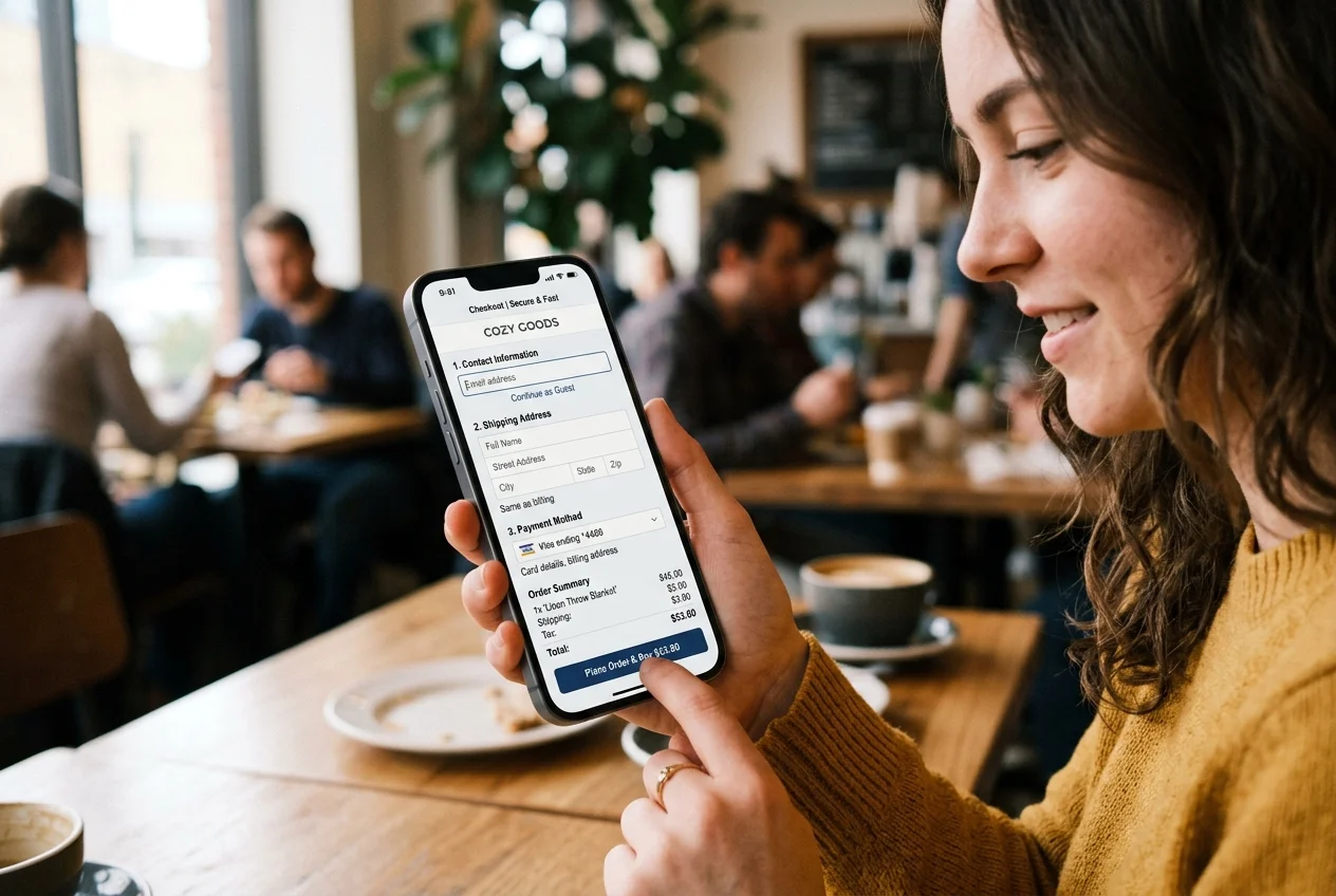 Jak zvýšit konverzní poměr e-shopu: Zastavte opouštění košíků a znásobte své tržby 3 Ukázka efektivního one-page checkoutu a nákupu bez registrace na mobilním telefonu