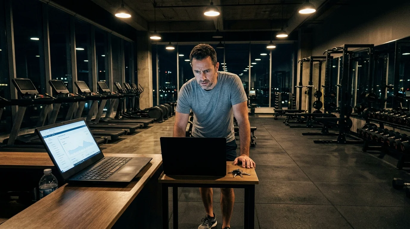 Majitel fitness centra s notebookem řeší lokální SEO optimalizaci