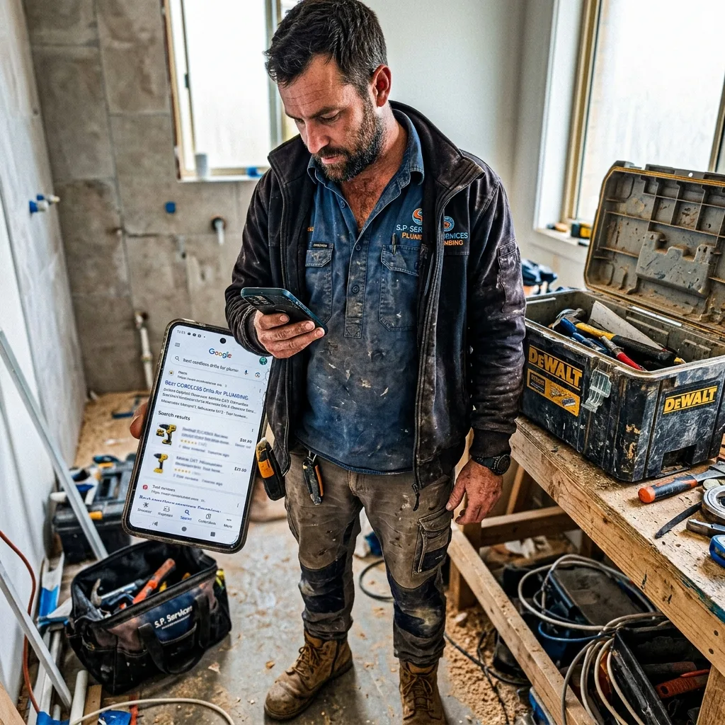 Řemeslník používající mobilní telefon ke správě lokálního SEO a zakázek