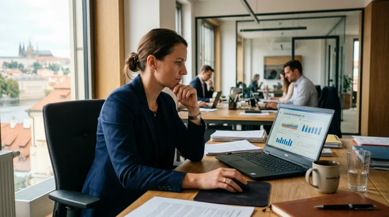 Sklik reklama pro právníky: Jak získat bonitní klienty bez pokut od ČAK a plýtvání rozpočtu (2026) 10 Advokát pracující na notebooku s ukázkou PPC kampaně Seznam Sklik pro právní služby