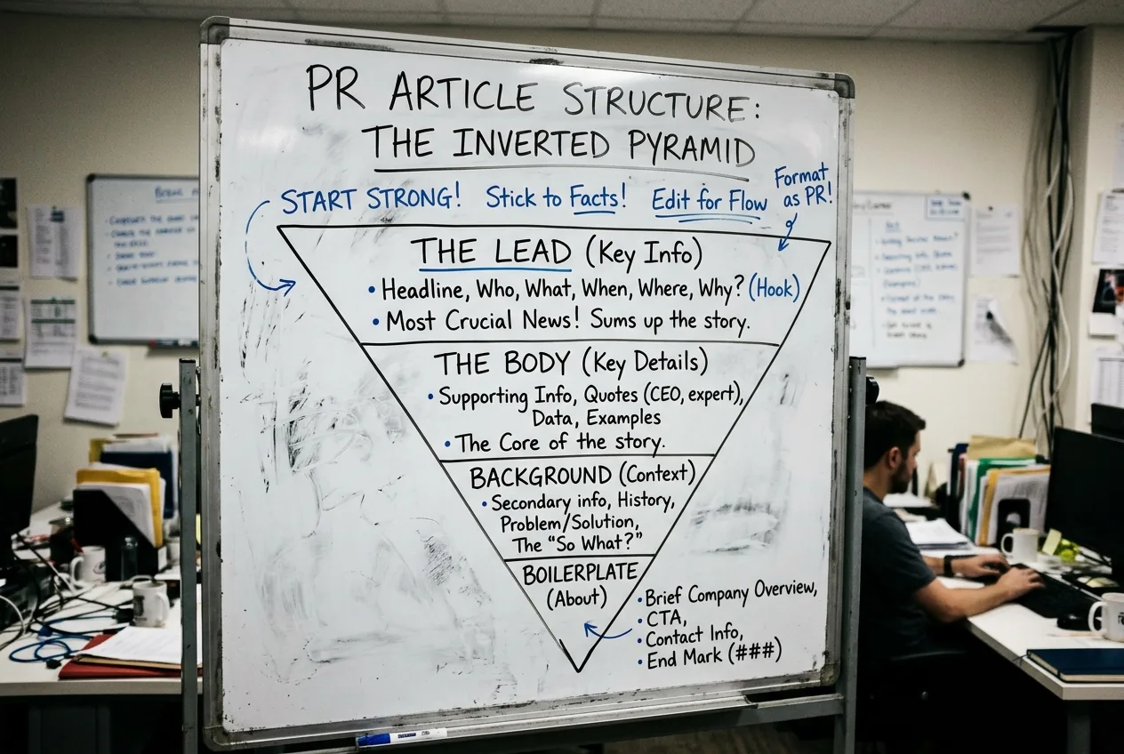 Anatomie textu, který prodává: Jak napsat PR článek vzor 3 Schéma struktury PR článku využívající pravidlo inverzní pyramidy