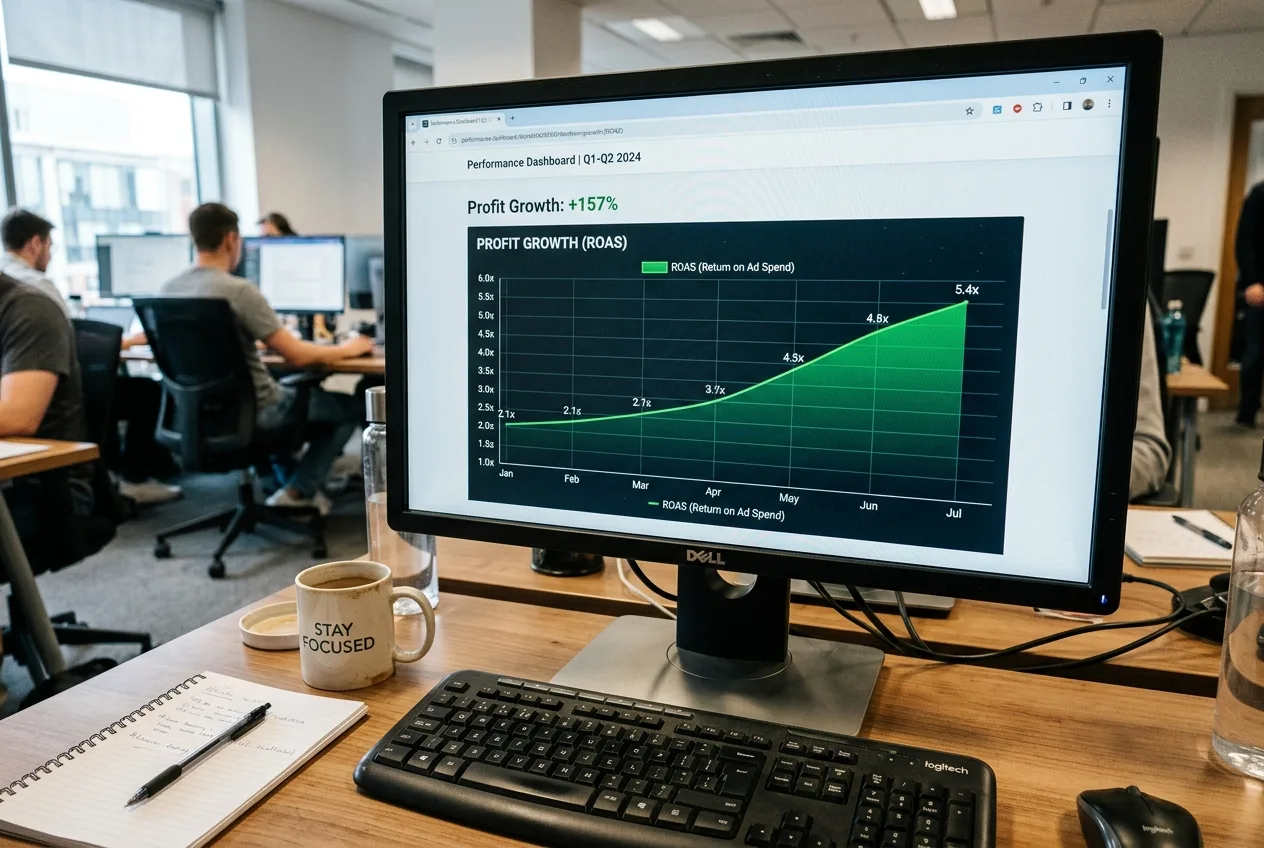 Agentura na PPC reklamu: 7 lží, které vám při prodeji řeknou (a jak se nespálit) 3 Graf transparentního reportingu ukazující růst ROAS a ziskovosti z PPC kampaní