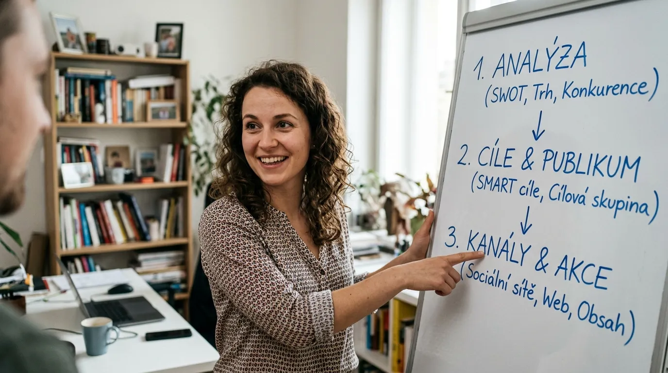Marketingová strategie pro malé firmy: Proč nepotřebujete agenturu (a co dělat místo toho) 3 Graf znázorňující 3 pilíře marketingové strategie: analýza, cíle a kanály